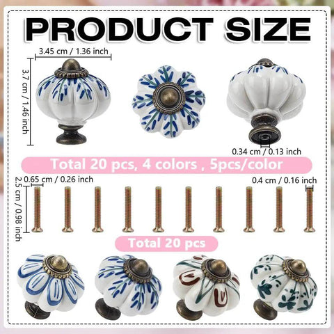 Vintage Ceramic Pumpkin Cabinet Knobs Set, 20 Piece, 1.5 Inch Leaf Pattern Drawer Pulls With Screws, Four Color Mix