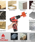 Hand holding drill with hole saw next to materials for use with 12 Pack Black Desk Grommets 2 Inch With Hole Saw For Cable Management.