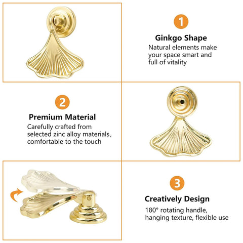 Top Shelf Knockout Slick Light Cyan Gold Ginkgo Leaf Cabinet Knobs Six Pack Vintage Drawer Pulls Premium Zinc Alloy Furniture Hardware With Screws For Dressers And Cupboards, front and side view displaying ginkgo shape.