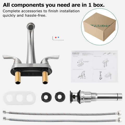 All components of Two Handle Deck Mounted Bathroom Sink Faucet With Brushed Nickel Finish seen with box and instruction manual