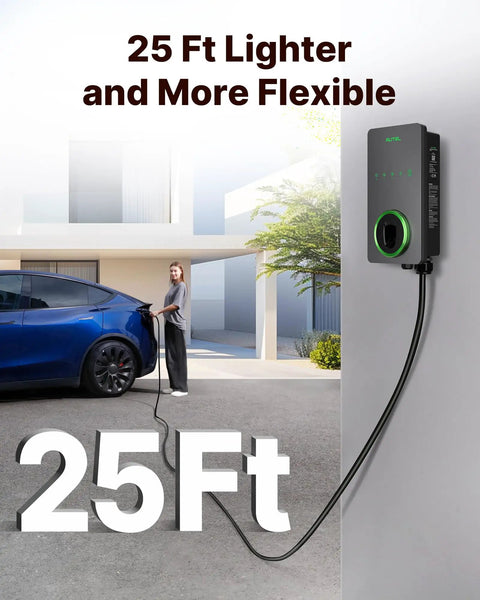 Level 2 Home Smart EV Charger 50A 240V Hardwired Station for Indoor Outdoor Use shown with 25 Ft cable charging a car