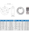 4 Pack 304 Stainless Steel Shaft Collars Set Screw 3/4 Inch Bore 1-1/4 Inch OD 9/16 Inch Width Fits CNC Machines product diagram