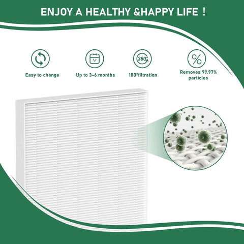 Diagram of AeraMax 300 True HEPA Replacement Filter 3 Pack Compatible With Fellowes AeraMax 290 300 DX95 features and benefits.