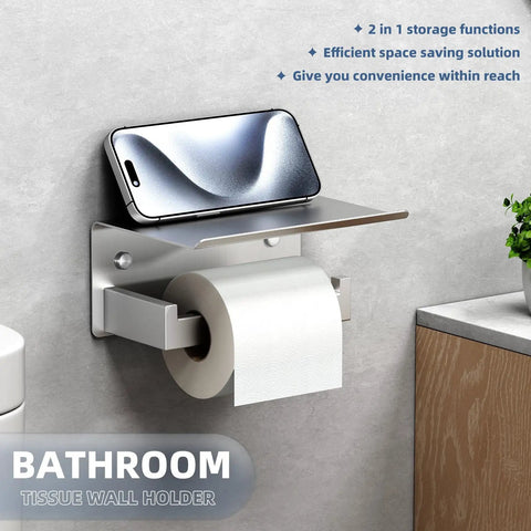 Brushed Nickel Toilet Paper Holder With Large Phone Shelf, 304 Stainless Steel Wall Mounted Bathroom Paper Roll Dispenser, Open Arm Toilet Tissue Holder, No Wobble Design For Phones And Small Items displayed holding a smartphone and toilet paper roll against a bathroom wall.