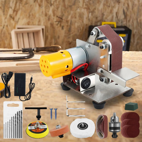 Compact Mini Belt Sander Pack A Punch With Quick Adjust Speed Dial Multifunctional Electric Polisher And Corner Grinder includes accessories.