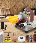 Boss Level Mini Belt Sander And Bench Grinder Featuring Seven Adjustable Speeds With Silent Double Bearing Motor For Smooth Metal Polishing Jewelry Crafting And Zero Sweat Knife Sharpening Work showing components and details on a workbench.