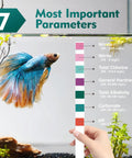 Pro 7 Way Aquarium Test Strip Kit Includes 125 Green Strips showing water quality parameters and a vibrant blue fish.