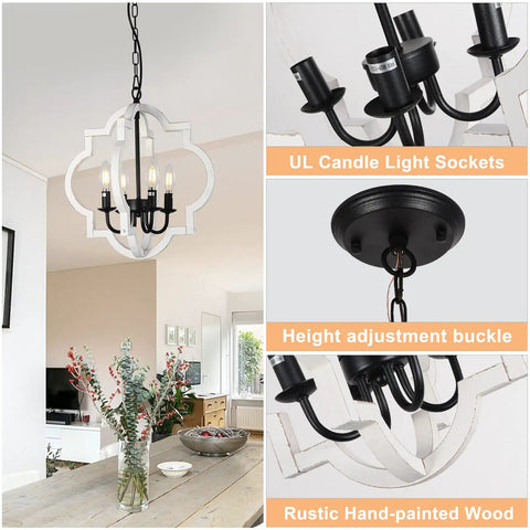 Farmhouse 4 Light Rustic Wood Chandelier Pendant Light with adjustable chain in dining room setting, E12 bulb sockets visible