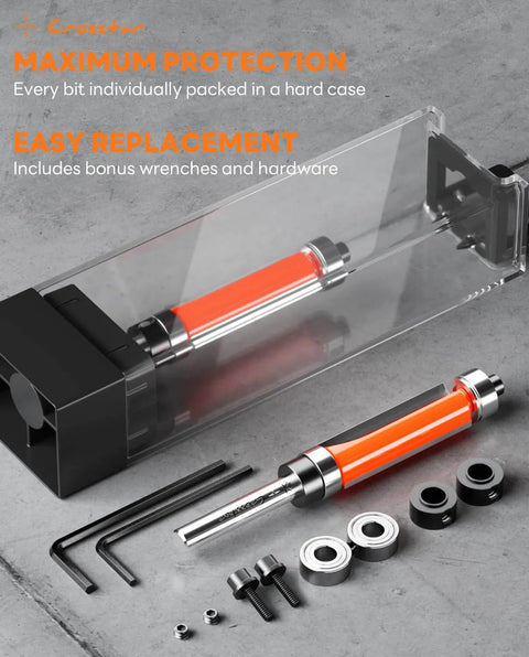 Flush Trim Router Bit Set Four Piece One Quarter Inch Shank Top And Bottom Bearing Carbide Template Guide Bits with case and wrenches
