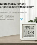 Real Time WiFi Temperature Humidity Monitor With App Alerts And Alexa Control For Home Garage Wine Cellar And Greenhouse 2.4GHz WiFi Only TUYA Sensor Hygrometer Real Time Readings Push Alerts Alexa Compatible white LCD display on desk