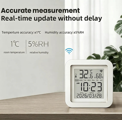 Real Time WiFi Temperature Humidity Monitor With App Alerts And Alexa Control For Home Garage Wine Cellar And Greenhouse 2.4GHz WiFi Only TUYA Sensor Hygrometer Real Time Readings Push Alerts Alexa Compatible white LCD display on desk