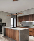 51 Inch Walnut Wood Linear Pendant Light For Kitchen Island And Dining Room Featuring Smooth Modern Lines And Straight Up Gorgeous Illumination To Level Up Your Home Decor Vibes Right Now in modern kitchen setting.