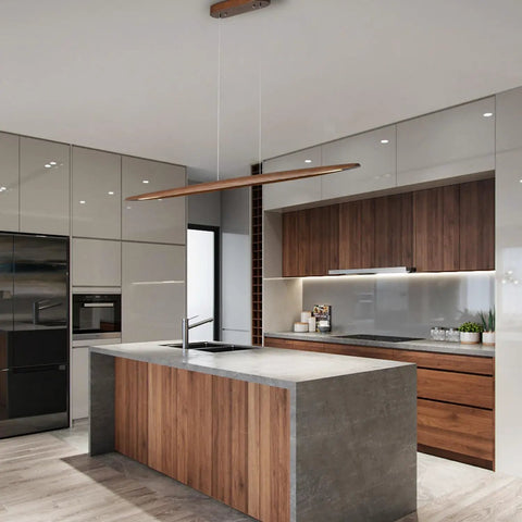 51 Inch Walnut Wood Linear Pendant Light For Kitchen Island And Dining Room Featuring Smooth Modern Lines And Straight Up Gorgeous Illumination To Level Up Your Home Decor Vibes Right Now in modern kitchen setting.