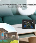 All In One Wireless Home Weather Station With 7 Point 5 Inch Display Indoor Outdoor Thermometer Atomic Clock With WWVB Temperature Humidity Gauge Weather Forecast And Barometer Easy Setup Black Unit on table