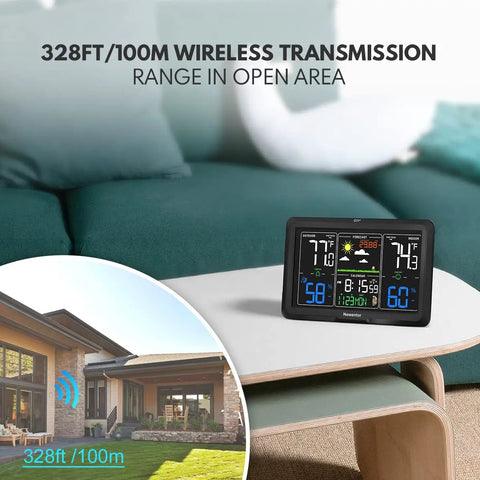 All In One Wireless Home Weather Station With 7 Point 5 Inch Display Indoor Outdoor Thermometer Atomic Clock With WWVB Temperature Humidity Gauge Weather Forecast And Barometer Easy Setup Black Unit on table
