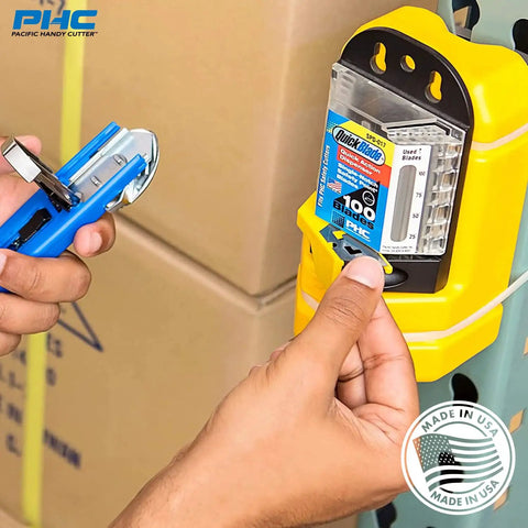 Person using Safety Point Blade Dispenser With 100 Round Point Blades SPD017 with utility knife