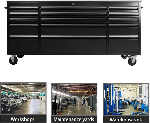 Beefy 72 Inch Rolling Tool Chest On Wheels With 15 Drawers, Mobile Tool Cabinet With Locking System, Black in garage setting