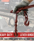Heavy Duty Chain Lever Load Binder 2 Pack With Forged Grab Hooks For 1/4 To 5/16 Inch Grade 70 Chain Tie Down 7,800 Lbs Breaking Strength 2,600 Lbs Working Load Red Color Pro Grade Industrial Strength held by gloved hand