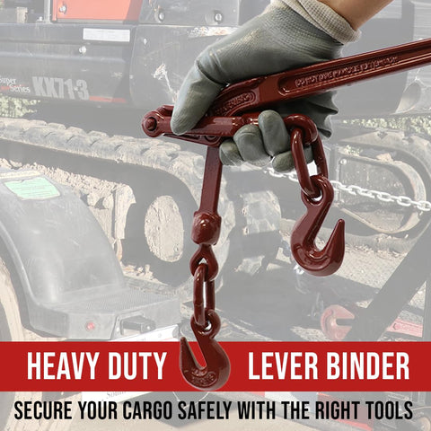 Heavy Duty Chain Lever Load Binder 2 Pack With Forged Grab Hooks For 1/4 To 5/16 Inch Grade 70 Chain Tie Down 7,800 Lbs Breaking Strength 2,600 Lbs Working Load Red Color Pro Grade Industrial Strength held by gloved hand