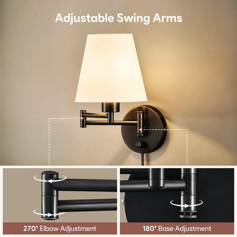 Modern Swing Arm Wall Light Plug In With White Fabric Shade, Black Metal Wall Sconce showing adjustable elbow and base.