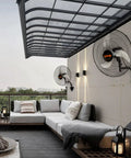 Outdoor terrace view with Two Pack 20 Inch Wall Mount Fans With Oscillation, 3 Speed High Velocity Industrial Fans installed on the wall
