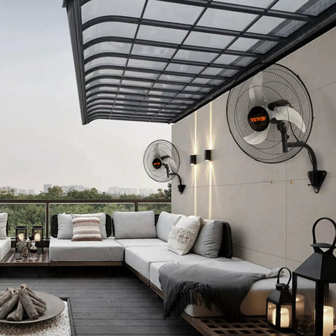 Outdoor terrace view with Two Pack 20 Inch Wall Mount Fans With Oscillation, 3 Speed High Velocity Industrial Fans installed on the wall