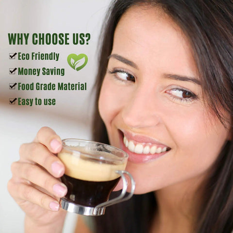 Smiling woman enjoying coffee with text about eco-friendly, money-saving, and easy-to-use OriginalLine Compatible Reusable Stainless Steel Coffee Capsules For OriginalLine Machines 3 Pod Set With Creamy Brew Version Includes Tamper Brush And Scoop Rust Resistant Plastic Free Healthier Money Saver.