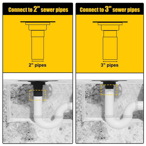 Diagram of shower drain connections for 2 and 3 inch sewer pipes with Shower Drain 24 Inch With Removable Pattern Grate Matte Black Stainless Steel 304 Anti Corrosion Built To Last Floor Drain With 2 Inch Center Outlet For Linear Drain And Easy Cleaning