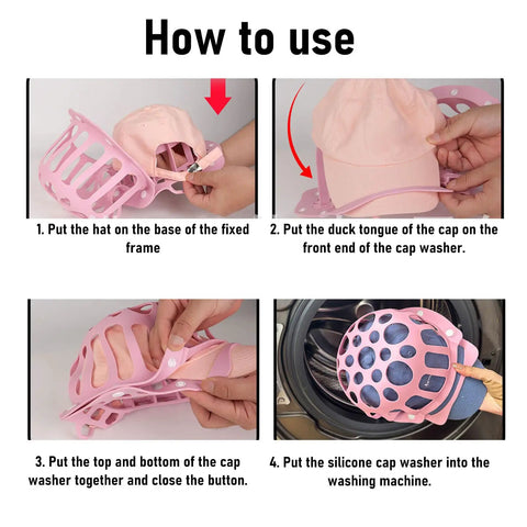 Step-by-step use of Silicone Hat Washing Cage For Machine Wash, Reusable Cap Washer Bag That Prevents Deformation.