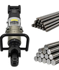 Heavy Duty Electric Rebar Bender With Adjustable 90 To 179 Degree Angle beside stacks of rebar and steel rods.