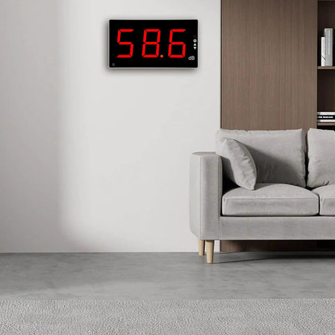 Digital Sound Level Meter With Large LCD Display, Dead Easy To Use Decibel Meter For 30 To 130 dB Range, Upper And Lower Alarm, Adjustable Alarm Time 5 To 120 Seconds, Ideal For Home, Office, Studio, Or Construction Noise Checks. wall-mounted in living room