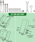Diagram of Beefy 6x6 Post Base Set Of 5 Stainless Steel Post Anchors with adjustable brackets, bolts, and wrench for wood posts.