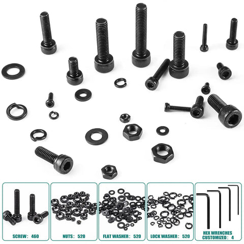 2024 Piece Metric Screw And Hardware Set With 12.9 Alloy Steel Black Zinc Plated Hex Socket Head Screws Nuts Bolts And Washers M2 M3 M4 M5 Complete Assortment For Machinery, Furniture, And DIY Projects displayed with components and hex wrenches.