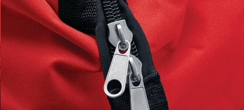 Close-up of double zippers on 16 Inch Heavy Duty Contractor Tool Bag With Extra Side Wall Padding And Durable Bottom Skids.