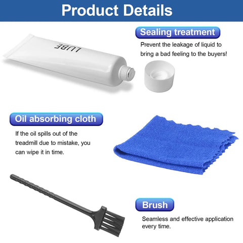 Two Pack Treadmill Belt Lubricant For Quiet Smooth Operation And Longer Treadmill Life, Cuts Belt Noise And Hesitation, Extends Motor Lifespan, Works With Most Treadmills. White squeeze tube with cap, cloth, and brush
