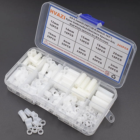 White Nylon Unthreaded Clearance Spacers And Standoffs Kit With 6.3mm Outer Diameter And 4.2mm Inner Diameter in open organizer box