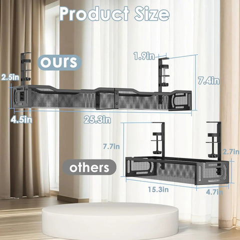 Comparison of 25 Inch Under Desk Cable Management Tray No Drill Clamp against smaller model with size dimensions
