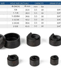 Ratchet Knockout Punch Set With 6 Dies From Half Inch To Two Inch showing die sizes for electrical conduit hole cutting.