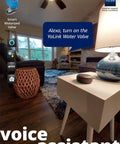 Pro Grade Smart Motorized Stainless Steel Ball Valve With LoRa Wireless Control in living room setting showcasing Alexa integration.