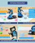 LewanSoul blue 6-DOF robotic arm kit with AI vision and voice control for Arduino/Scratch/Python (front/side/close-up views)