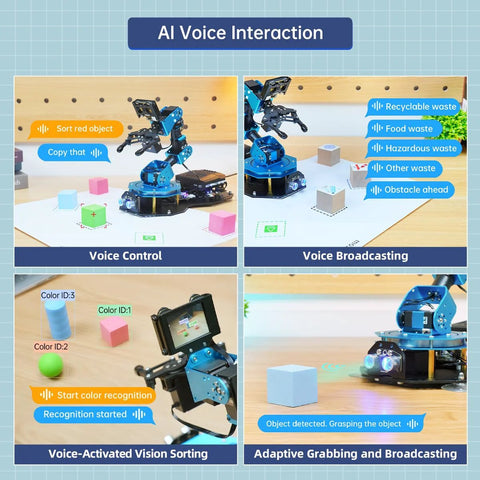 LewanSoul blue 6-DOF robotic arm kit with AI vision and voice control for Arduino/Scratch/Python (front/side/close-up views)