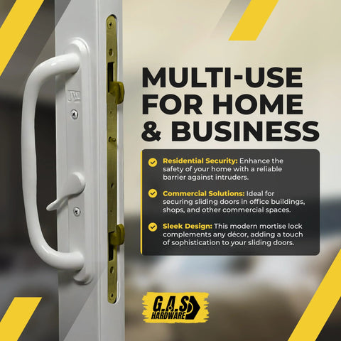 Close-up of 12.5 Inch Dual Point Double Hook Sliding Glass Door Mortise Lock With 3/8 Inch Recessed Plate And 12 Inch Hole Spacing In Alloy Steel installed on door for enhanced security.