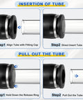 Diagram showing insertion and removal of tube with Two Pack One Quarter Inch NPT Push To Connect Pneumatic Fittings 90 Degree Female Elbow Adapter Nickel Plated Brass Black Heavy Duty Quick Connect Air Line Fittings For Pneumatic Systems