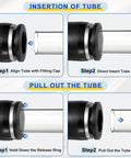Five Pack One Quarter Inch Push To Connect 90 Degree Pneumatic Elbow Fittings tube insertion and removal guide, black connectors