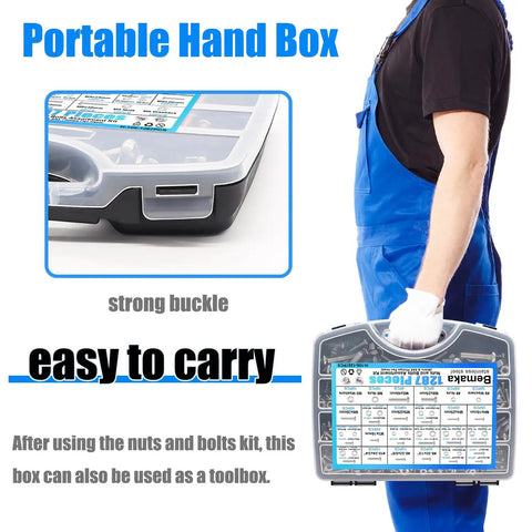 Person carrying a portable hand box containing the 1287 Piece Nuts And Bolts Assortment Kit Made From Badass 304 Stainless Steel.