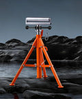 Built Tough Heavy Duty Roller Stand With Adjustable Height From Twenty Seven To Fifty Two Inches For Woodworking And Metalworking Outfeed Table in orange color, adjustable and strong.