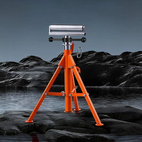 Built Tough Heavy Duty Roller Stand With Adjustable Height From Twenty Seven To Fifty Two Inches For Woodworking And Metalworking Outfeed Table in orange color, adjustable and strong.