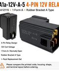 Heavy Duty 12V 30A 4-Pin Form A Relay, 1 Pack, Socket and Bracket Included, High Current Switching for Automotive Electronics and DIY Projects Ready for Easy Install. Black 4-pin 12V relay with socket and rubber bracket