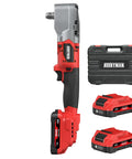 Compact 20V Brushless Right Angle Impact Wrench With Half Inch Square Drive Produces 207 Foot Pounds Max Torque with battery and case.