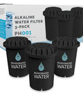 Blue Alkaline Water Filter Replacement For All Pitcher And Dispenser Filtration Systems BPA Free Removes Chlorine And Heavy Metals Each Filter Delivers 96 Gallons Of Purified Water 3 Pack Fits PH001 And Similar Models shown with packaging